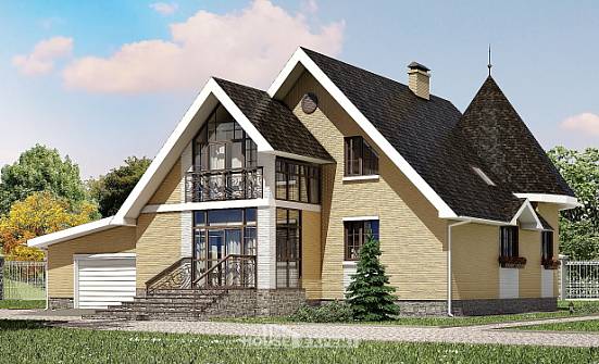 250-001-Л Проект двухэтажного дома с мансардным этажом, гараж, простой коттедж из пеноблока Новосибирск | Проекты домов от House Expert
